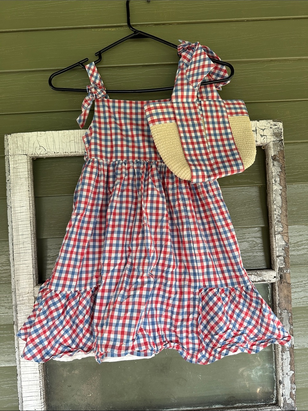 Source Unknown Red, White & Blue Plaid Tie-Strap Sundress with Straw Bag